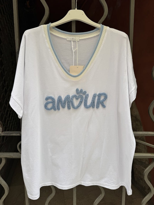 T-shirt AMOUR col V bleu ciel