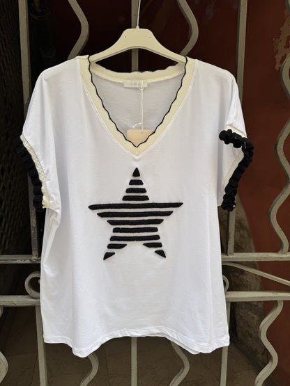 T-shirt étoile manches volants bleu marine