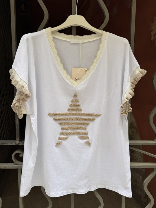 T-shirt étoile manches volants beige
