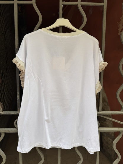 T-shirt étoile manches volants beige