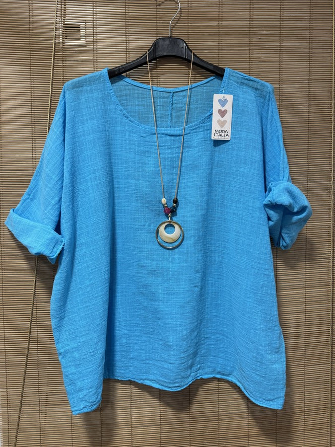Blouse coton avec sautoir bleue