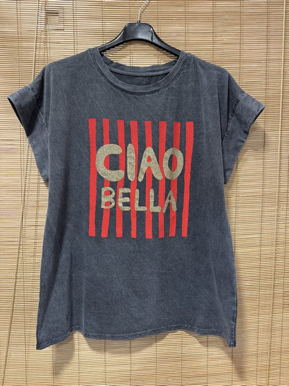 T-shirt anthracite CIAO BELLA rayé rouge