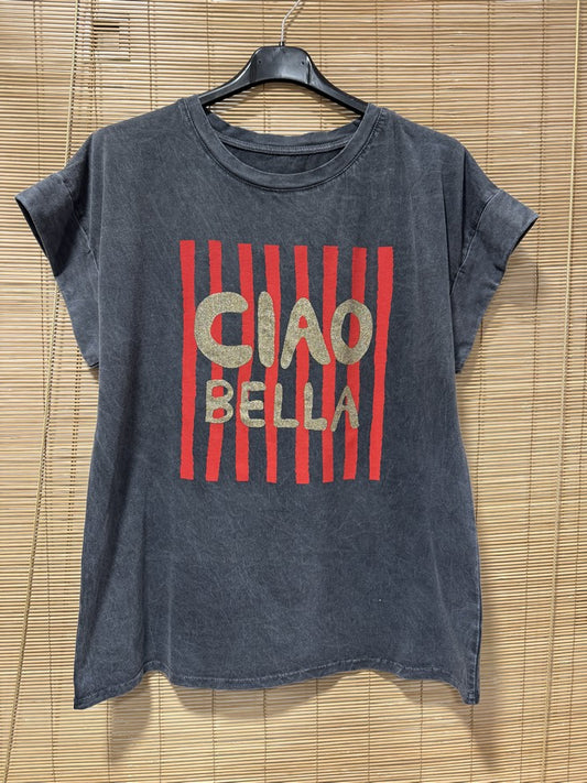 T-shirt anthracite CIAO BELLA rayé rouge
