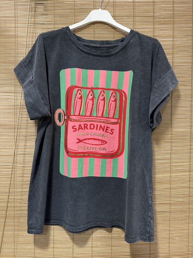 T-shirt anthracite SARDINES rose/vert
