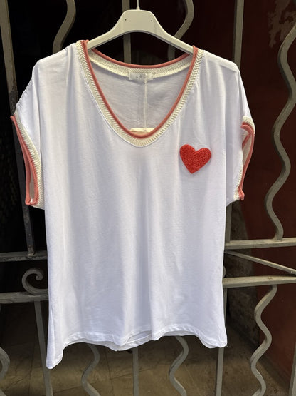 T-shirt Coeur poitrine corail