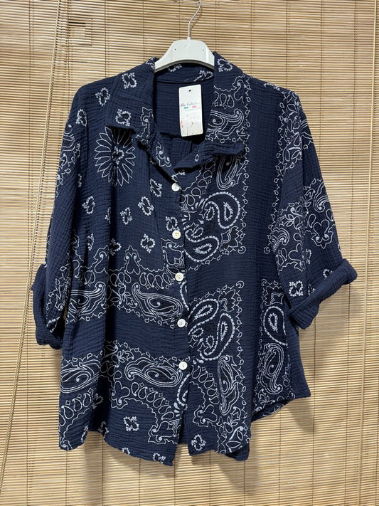 Chemise gaze de coton bandana bleu marine