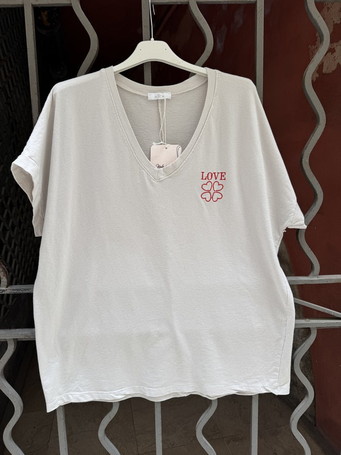 T-shirt col V LOVE sable