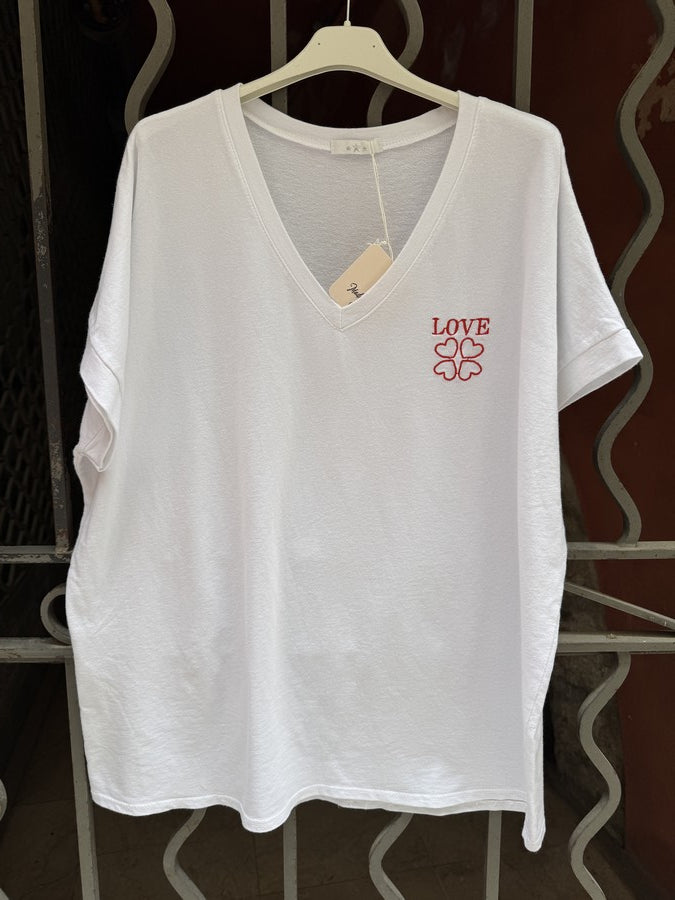 T-shirt col V LOVE blanc