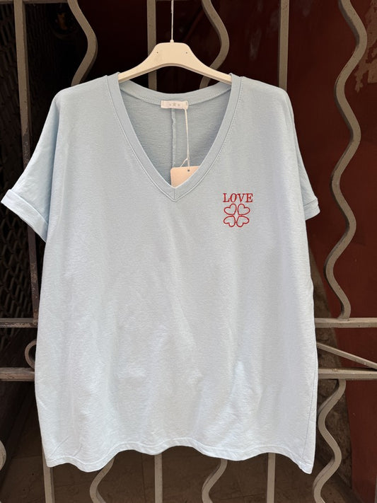 T-shirt col V LOVE bleu ciel