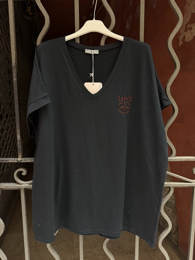 T-shirt col V LOVE noir