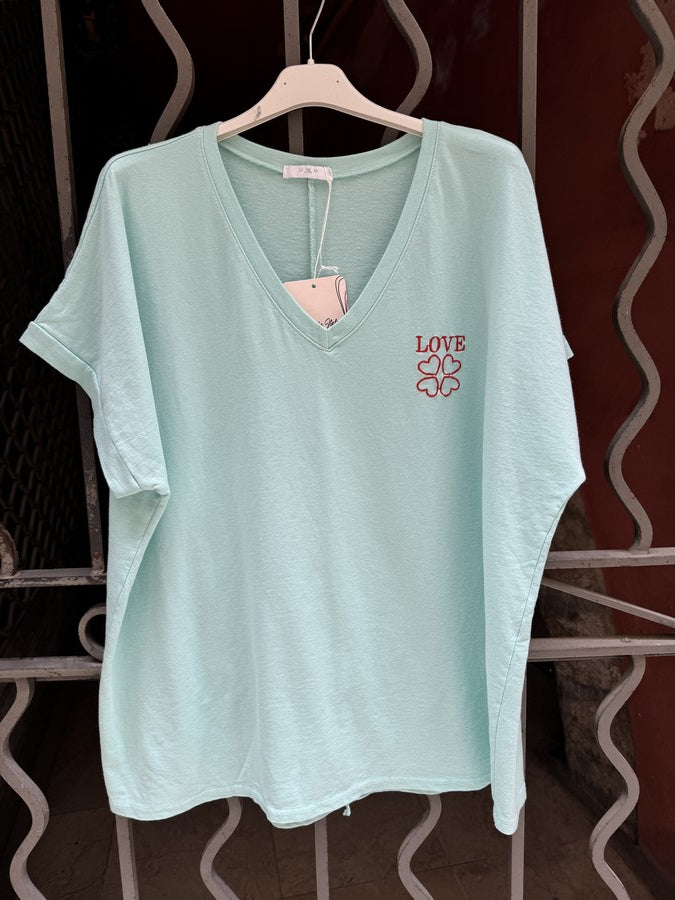 T-shirt col V LOVE turquoise