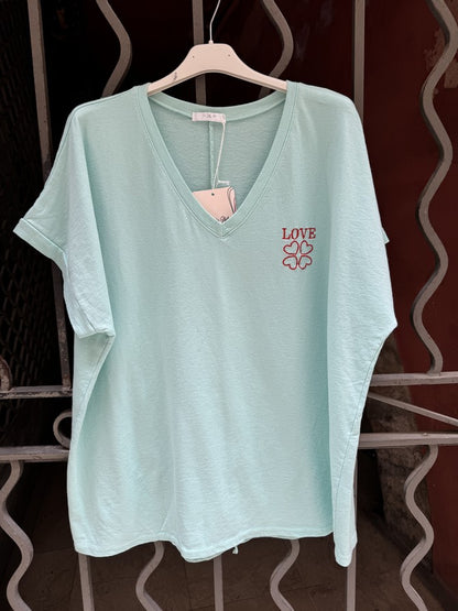 T-shirt col V LOVE turquoise