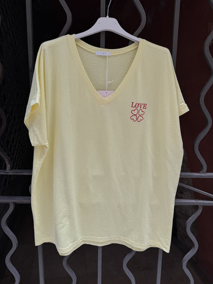 T-shirt col V LOVE jaune