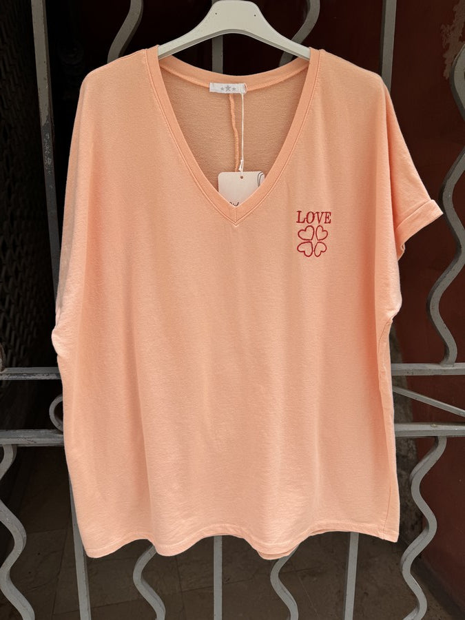 T-shirt col V LOVE pêche