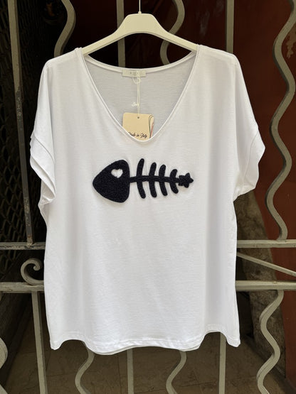 T-shirt blanc POISSON bleu marine