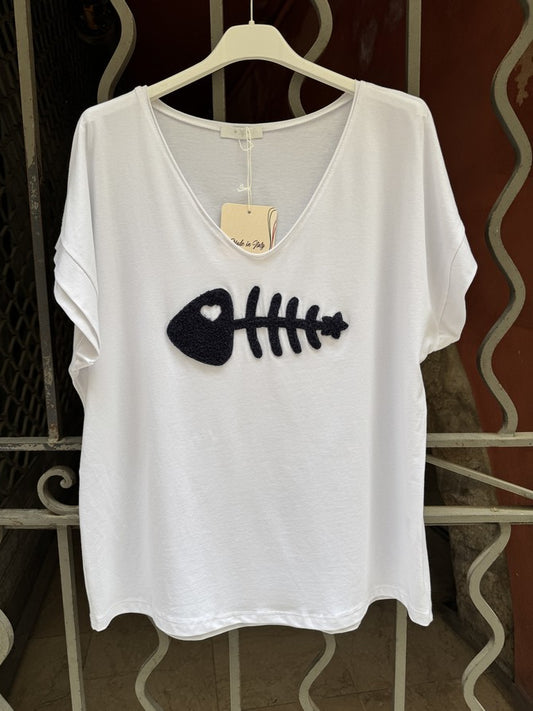 T-shirt blanc POISSON bleu marine