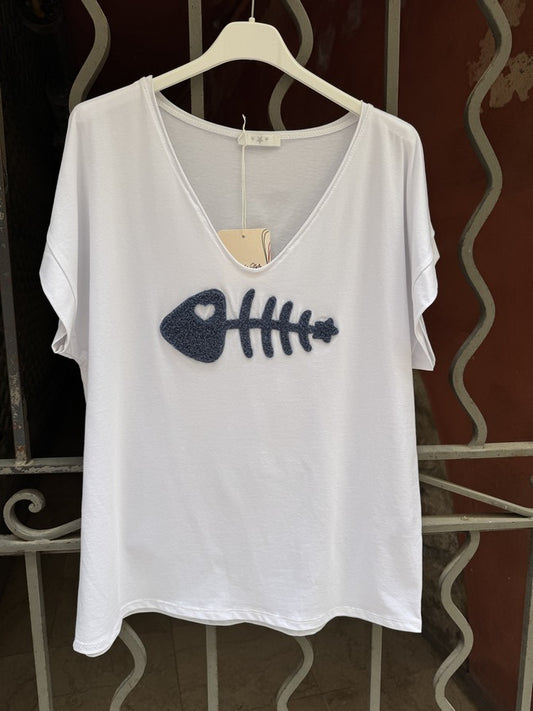 T-shirt blanc POISSON bleu jean