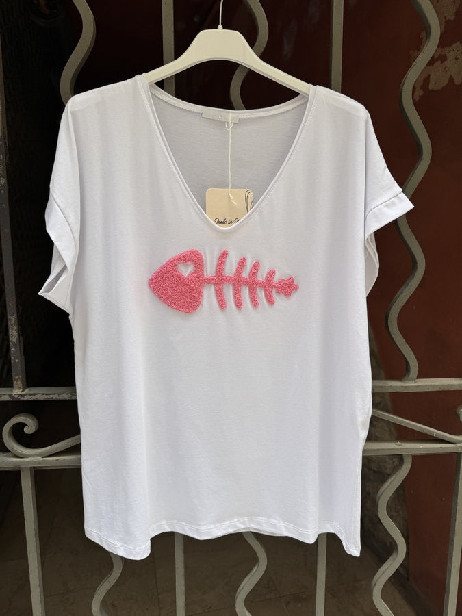 T-shirt blanc POISSON rose