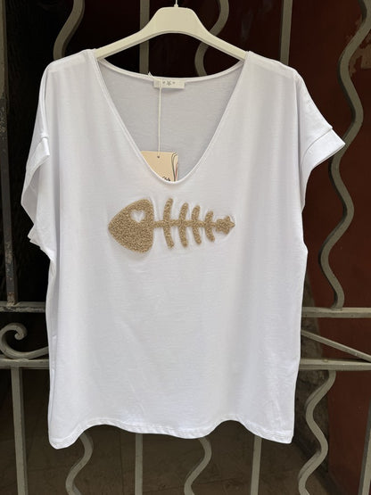 T-shirt blanc POISSON beige