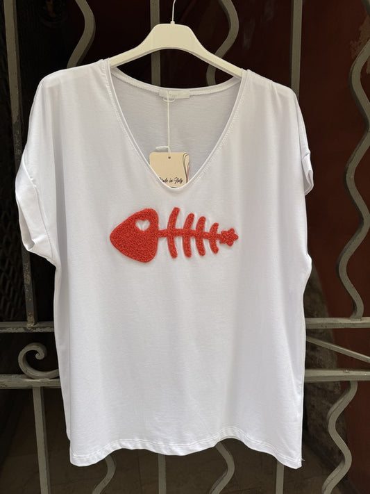 T-shirt blanc POISSON corail