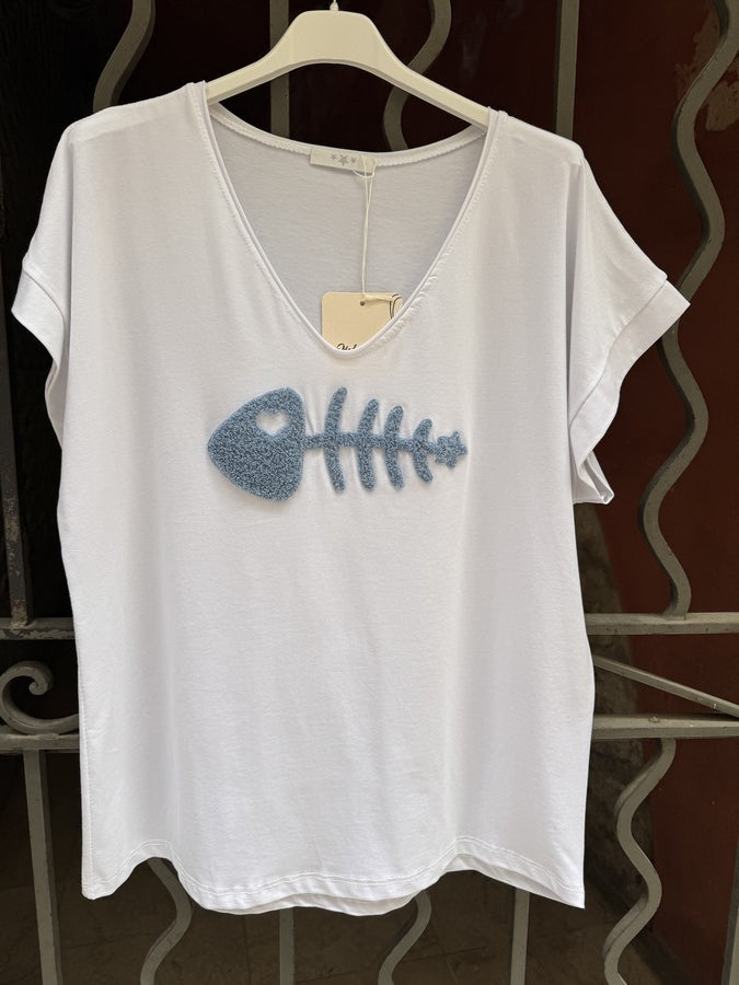 T-shirt blanc POISSON bleu ciel