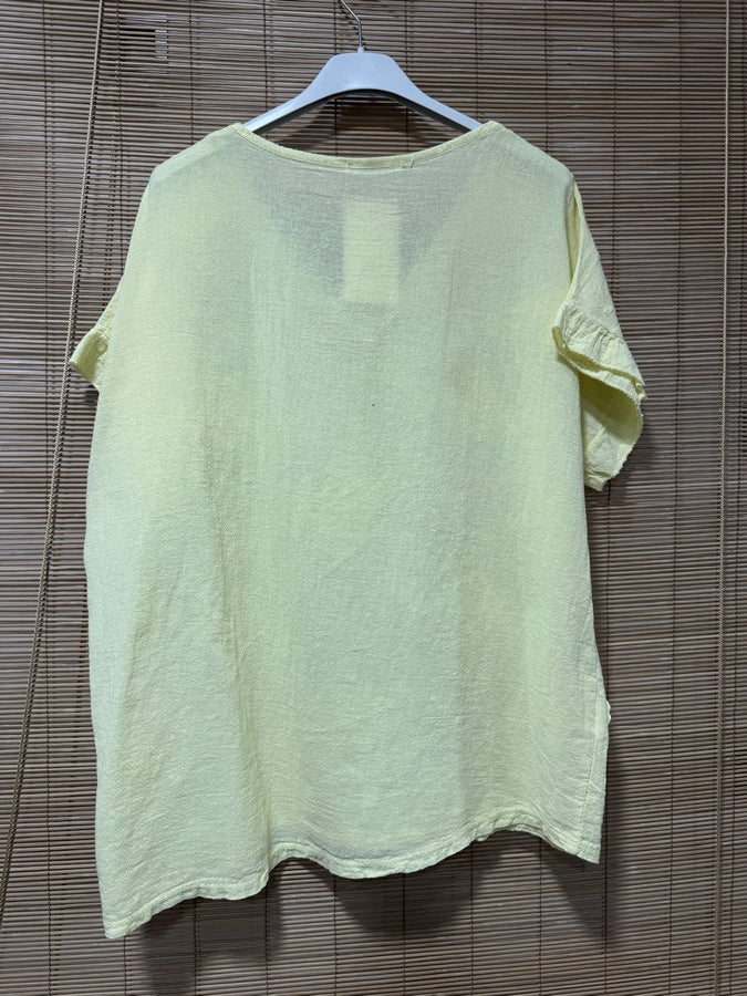 T-shirt col V fleurs brodées jaune