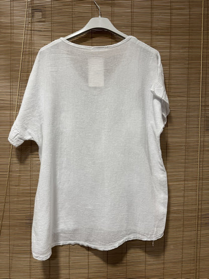 T-shirt col V fleurs brodées blanc