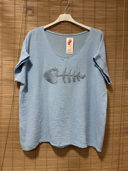 Blouse gaze de coton POISSON bleu ciel