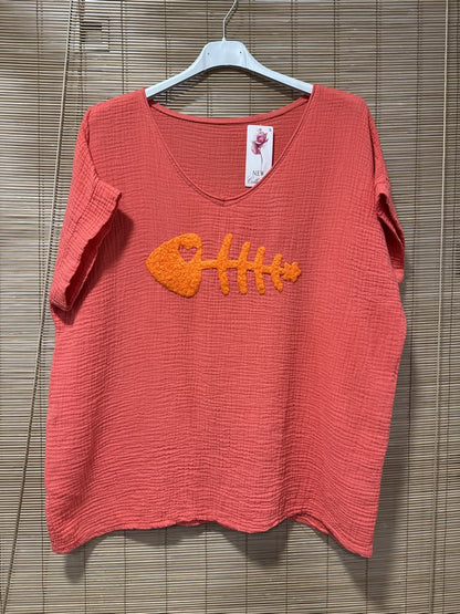 Blouse gaze de coton POISSON corail