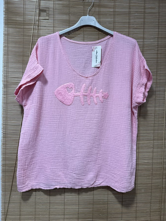 Blouse gaze de coton POISSON rose