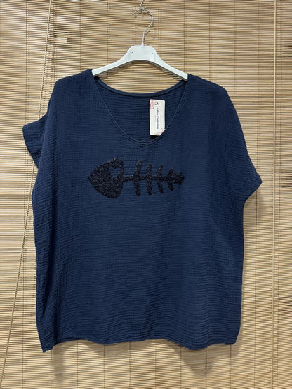 Blouse gaze de coton POISSON bleu marine