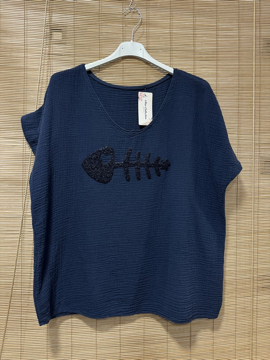 Blouse gaze de coton POISSON bleu marine