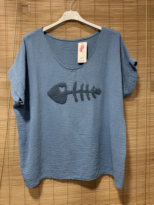 Blouse gaze de coton POISSON bleu jean