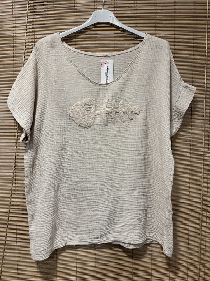 Blouse gaze de coton POISSON sable