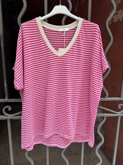 T-shirt col V rayé rose/fuschia