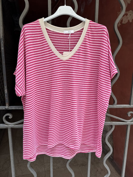 T-shirt col V rayé rose/fuschia