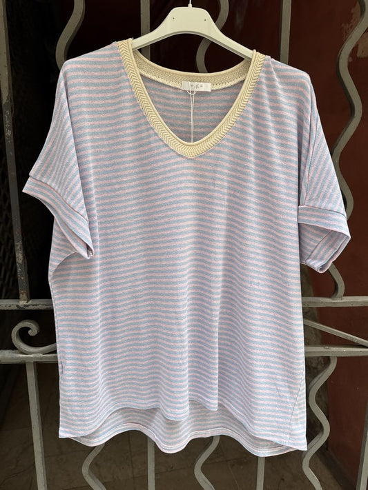 T-shirt col V rayé rose/bleu