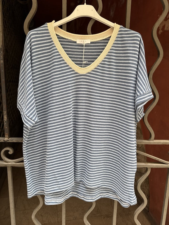 T-shirt col V rayé bleu jean/bleu ciel