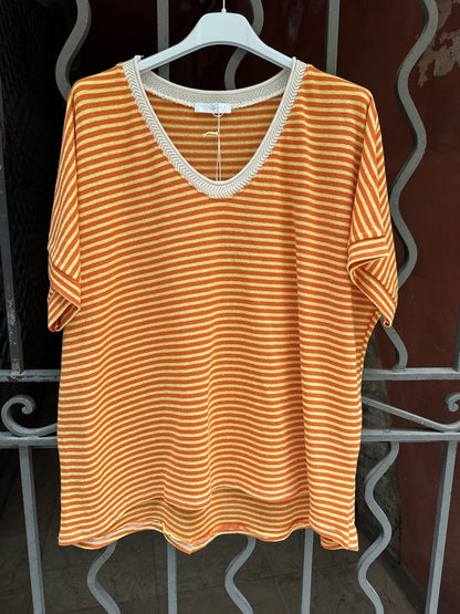 T-shirt col V rayé orange/jaune