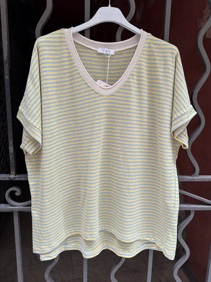 T-shirt col V rayé jaune/bleu