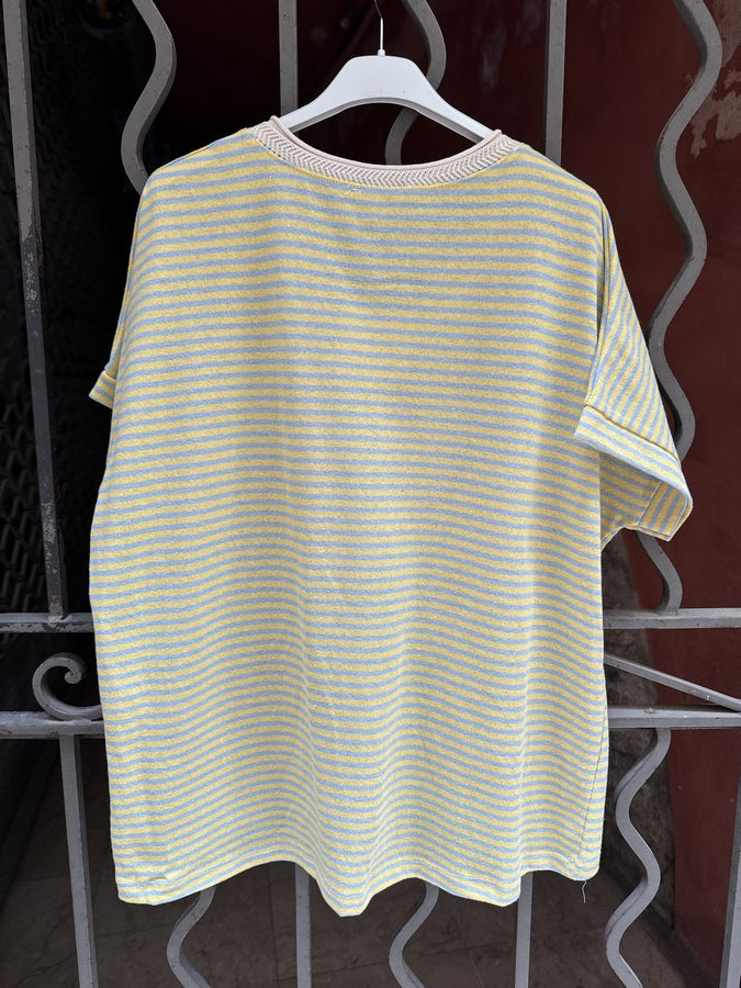 T-shirt col V rayé jaune/bleu