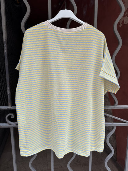 T-shirt col V rayé jaune/bleu