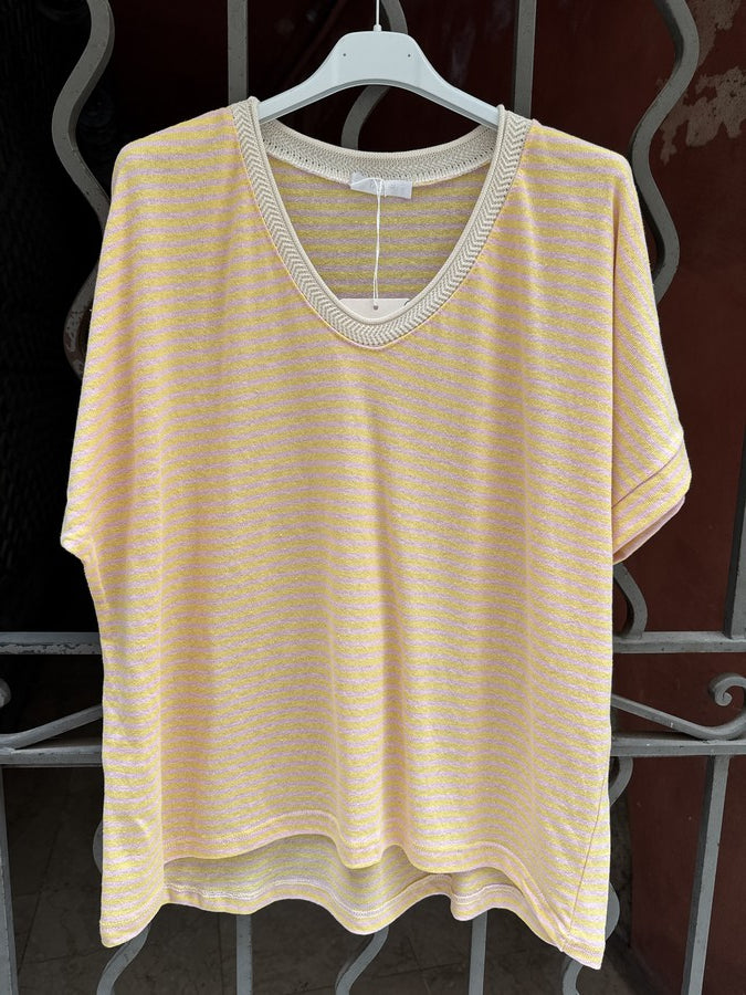 T-shirt col V rayé jaune/rose