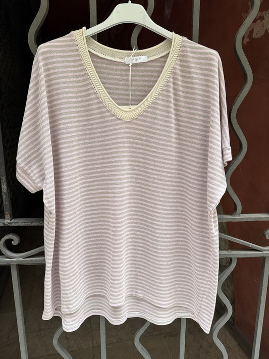 T-shirt col V rayé kaki/rose