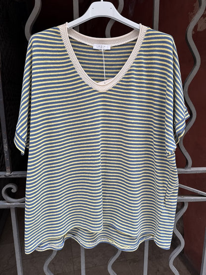T-shirt col V rayé jaune/bleu jean
