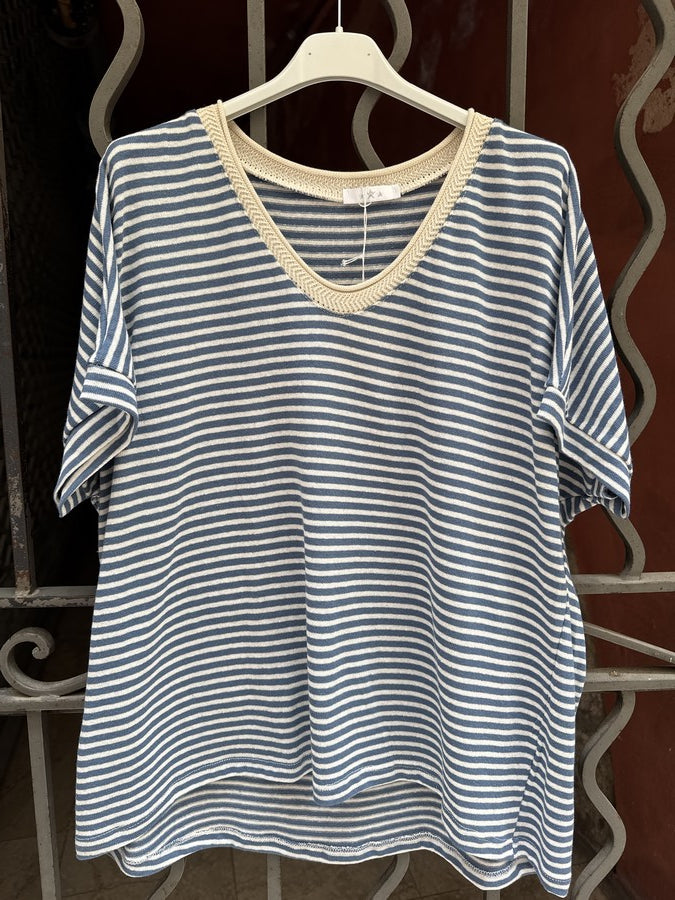T-shirt col V rayé bleu jean