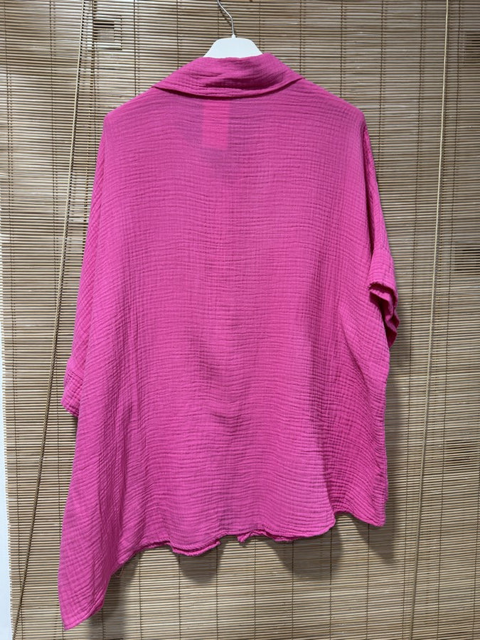 Chemise gaze de coton manches courtes fuchsia
