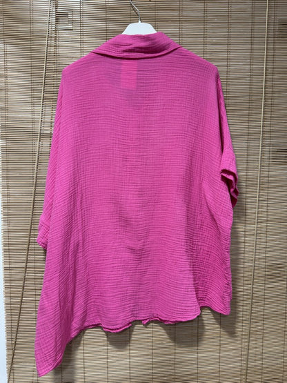 Chemise gaze de coton manches courtes fuchsia