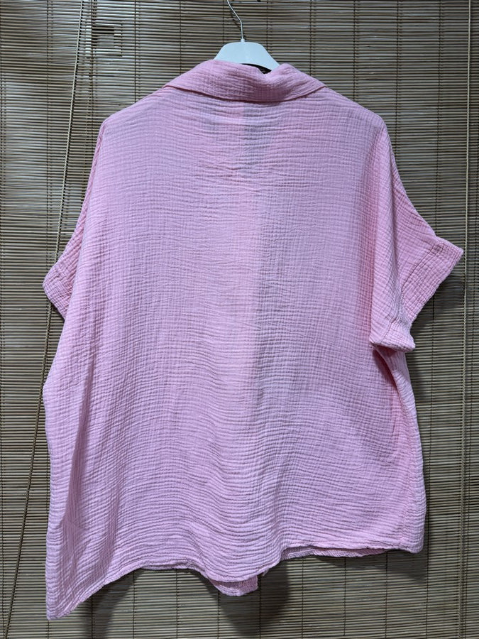 Chemise gaze de coton manches courtes rose