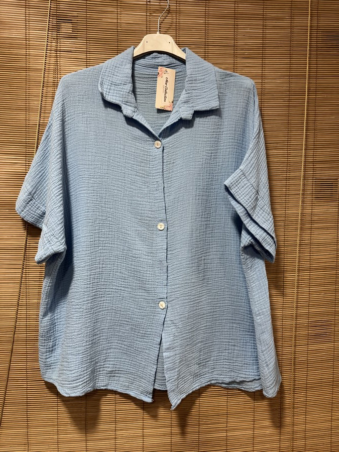 Chemise gaze de coton manches courtes bleu ciel
